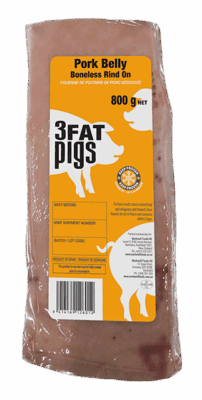 Pork Belly Boneless Skin On 800g Frozen 3 FAT PIGS